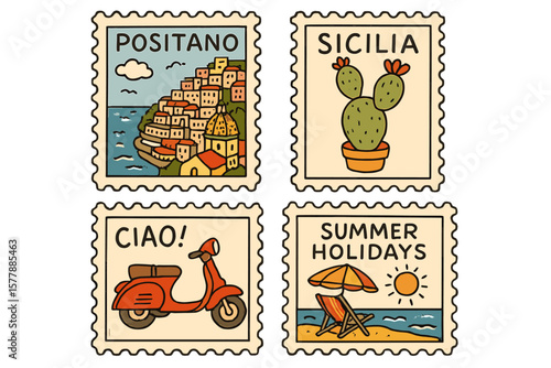 Colorful vintage stamp illustrations showcasing Italian summer vibes with Positano, Sicily, and holiday themes