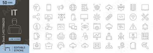 Information Technology icons set. Includes icons for computer, cloud storage, server, coding, network, cyber security, and software development. Editable stroke. Line icons. Perfect for  infographics.