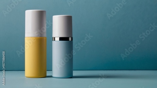 Wallpaper Mural Modern cosmetic bottles in yellow, blue on clean teal background. Torontodigital.ca