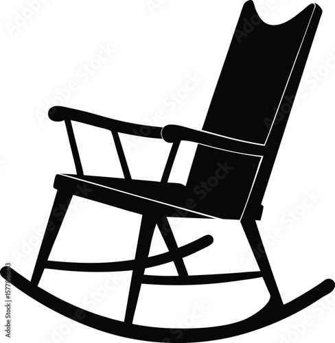 Silhouette of angled wooden rocking chair in side profile isolated view