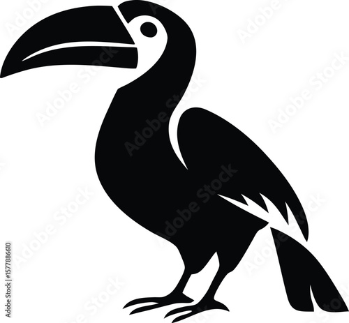Hornbill silhouette with curved beak, upright stance, and folded wings for exotic tropical bird icon