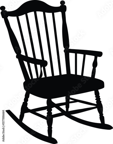 Retro wooden rocker chair in isolated vector black silhouette view