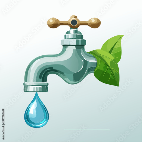 Cartoon faucet with water droplet and green leaves symbolizing water conservation