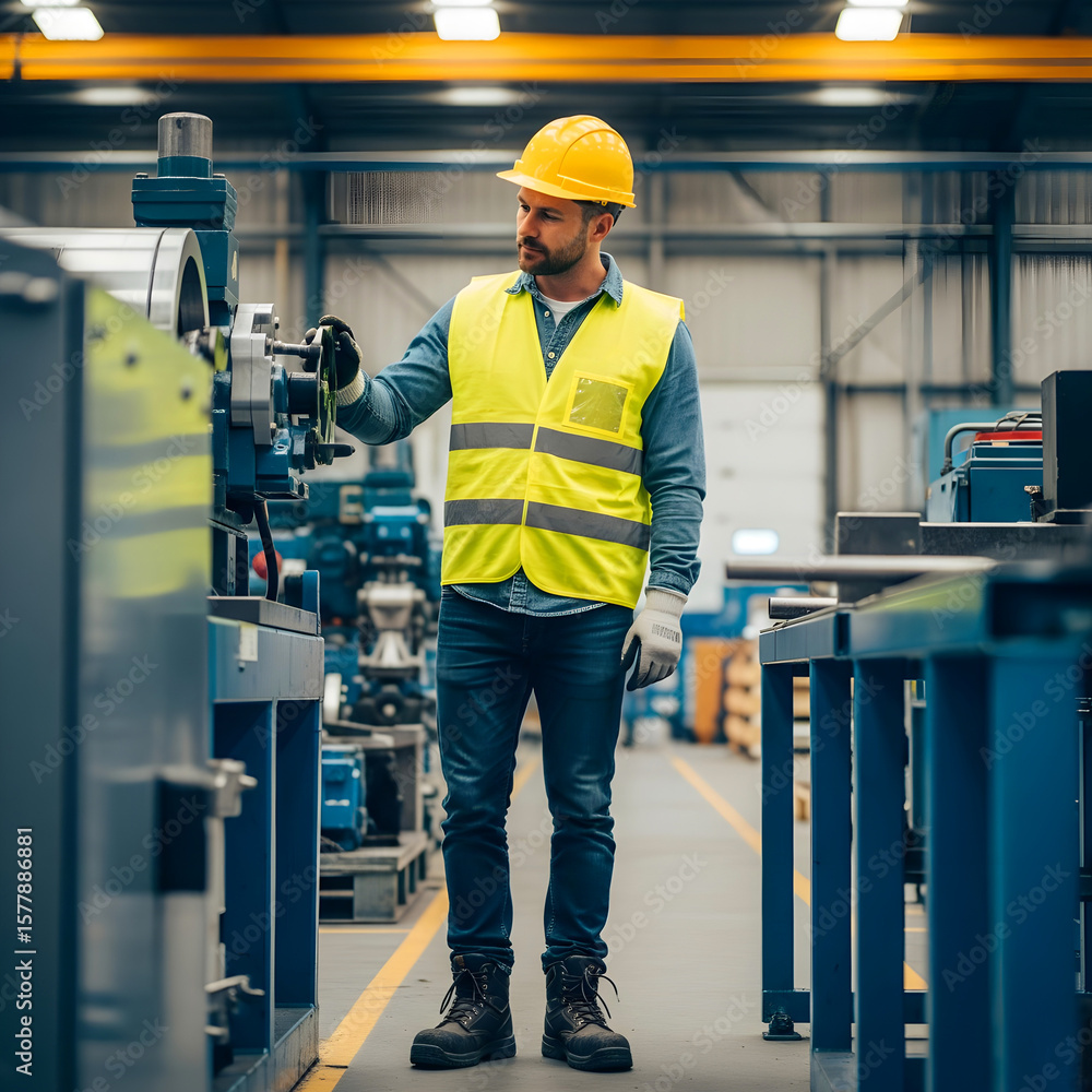 custom made wallpaper toronto digitalIndustrial Worker Operating Machinery. Engineer Working on Factory Equipment. Man in Safety Vest at Manufacturing Plant