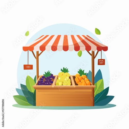 Colorful fruit stand with grapes pineapples and oranges under striped awning