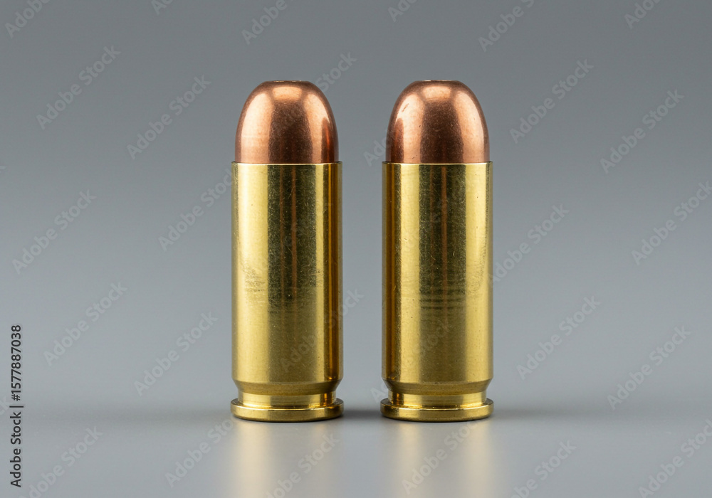 A close up studio shot of two golden bullets standing side by side on a gray surface with soft lighting A close up studio shot of two golden bullets standing side by side on a gray surface with soft lighting
