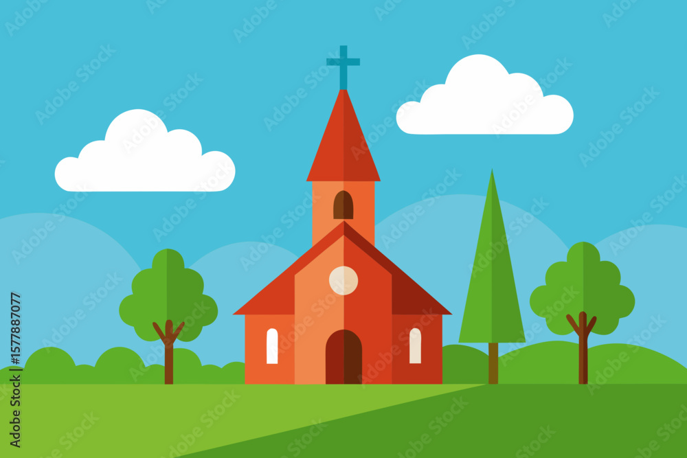 Naklejka premium Flat design illustration of a charming church with a steeple and cross on a sunny day