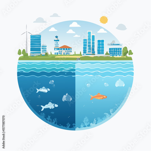 Divided aquatic ecosystem polluted versus clean water with city skyline