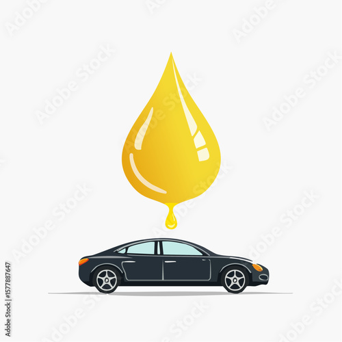 Stylized Black Sedan with Oversized Oil Drop Illustration Automotive Maintenance Concept