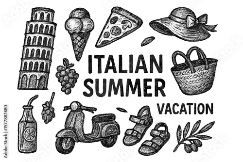 Italian summer vacation themed illustration featuring iconic symbols of the season and culture in a playful design