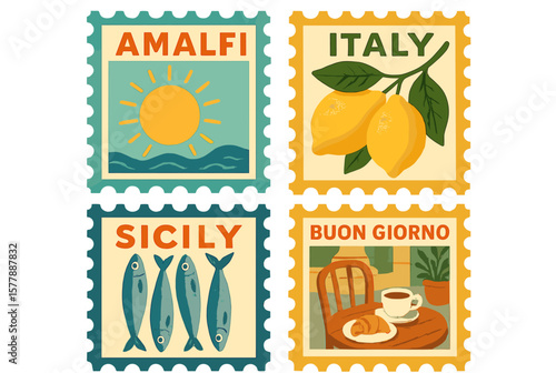 Postcard design featuring Amalfi and Sicily with sun, lemons, and breakfast items depicting Italian charm and coastal beauty