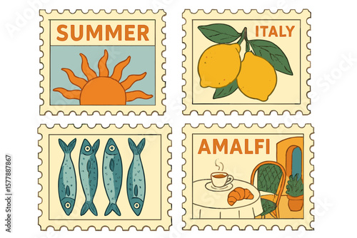Illustrations celebrating summer in Italy with lemons, seafood, and a cozy cafe ambiance