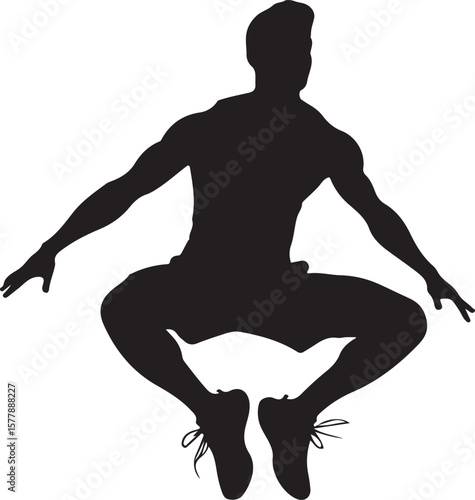 Dynamic Muscular Man Jumping Silhouette with Arms Extended in a Crouched Position