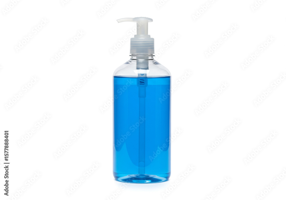 Transparent Pump Bottle with Blue Liquid on White Background – Hygiene Concept