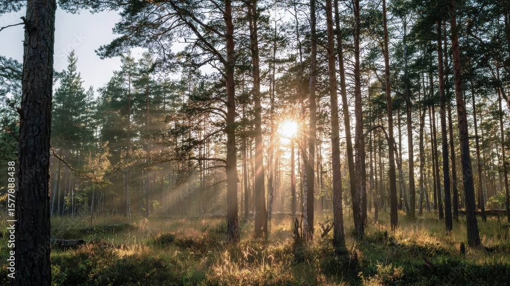 Fototapeta premium Majestic summer forest landscape at sunset with sun rays illuminating trees Generative AI