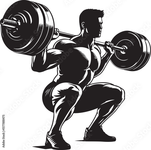Weightlifter Squatting with Barbell Illustration of Strength and Power in Silhouette