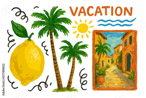 Colorful vacation illustration featuring tropical palm trees, vibrant sun, and a lemon hinting at a summer getaway