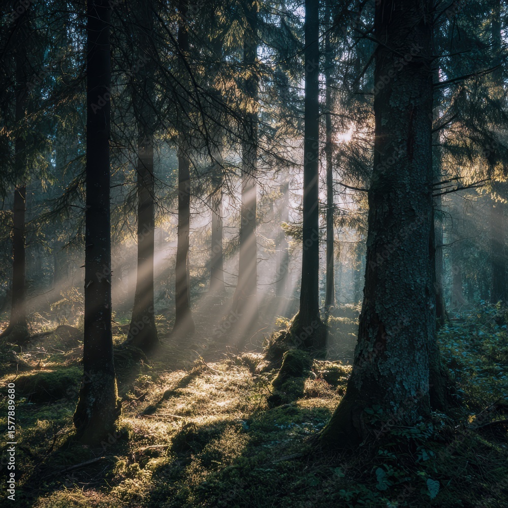 Fototapeta premium Breathtaking summer forest landscape illuminated by sunset rays Generative AI