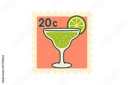 Vintage stamp featuring a margarita glass with lime wedge and retro design from the 20th century