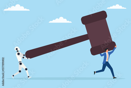 Vector illustration of a businessman and robot carrying a large judge’s hammer, symbolizing the collaboration between humans and ai in justice, ethics, and responsible governance
