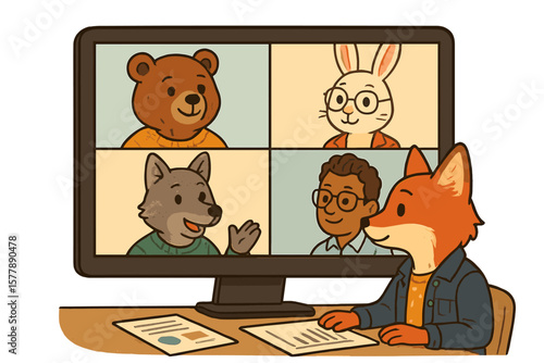 Virtual meeting featuring animal avatars engaging in discussion and collaboration during a creative project