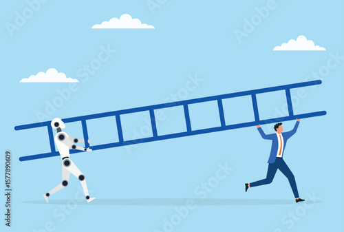 Vector illustration of a businessman and robot carrying a ladder, symbolizing the collaborative effort between humans and ai to overcome challenges and climb toward success
