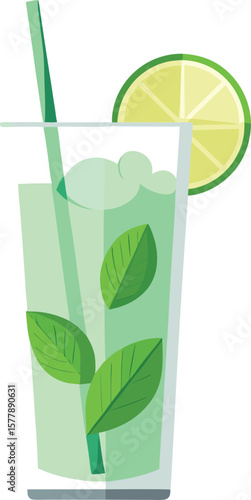 Cold-Pressed Wellness Drinks Refreshing Mojito Cocktail with Lime and Mint in Tall Glass, Summer Drink Illustration, Vibrant Green Hues, Flat Design Style,...