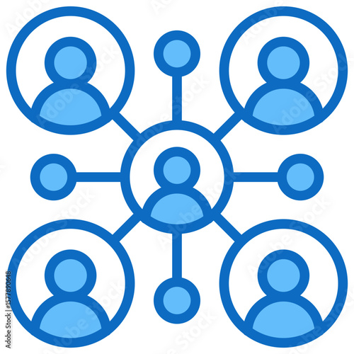 Team Network Blue Fill Outline Design Vector Icon - Multiple people connected in a hub-and-spoke network, representing collaboration or distributed teams