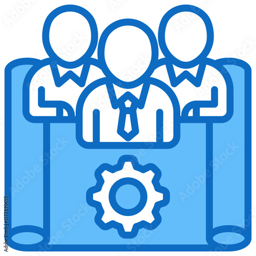 Team Planning Blue Fill Outline Design Vector Icon - Group of professionals over blueprint and gear, representing collaborative planning and teamwork setup
