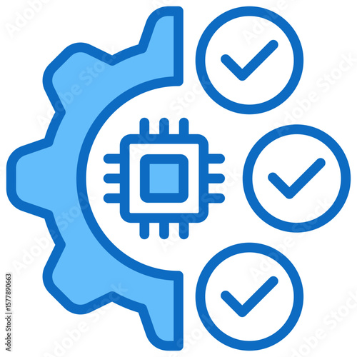 Tech Integration Blue Fill Outline Design Vector Icon - Gear with chip and checkmarks, representing successful implementation of technology systems