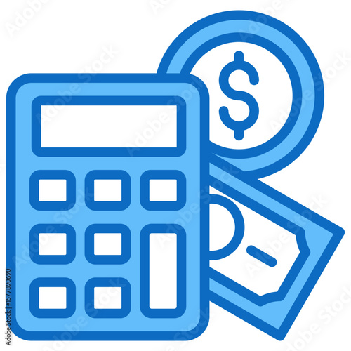 Budget Planning Blue Fill Outline Design Vector Icon - Calculator with money and coin symbolizing budget analysis and financial planning