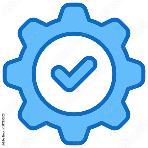 Quality Control Blue Fill Outline Design Vector Icon - Gear with check mark symbolizing production quality control and operational excellence