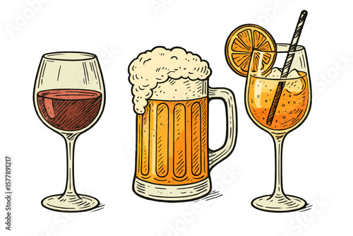 Selection of beverages including wine, beer, and a cocktail in a casual dining setting during evening hours