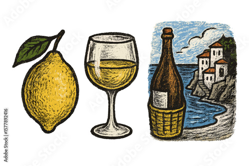 Lemon, wine glass, and coastal village illustration showcasing the essence of Mediterranean culture and lifestyle in a colorful display