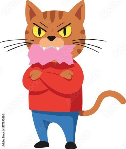 Angry cartoon cat character with folded arms wearing red sweater and blue pants vector illustration 