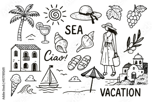 Summer vacation illustrations featuring seaside elements and relaxing activities in a coastal setting