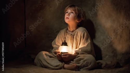 Young Samuel holding an oil lamp in dim stone room – barefoot child in linen tunic illuminated by candlelight, gazing upward in awe as divine presence fills the silence.