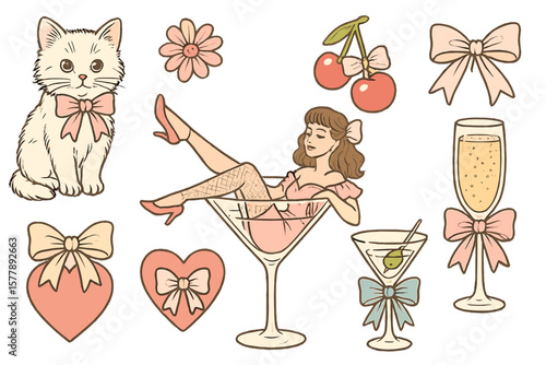 Cute vintage-inspired illustration with a girl in a cocktail, playful kitten, bows, and cheerful elements in pastel colors