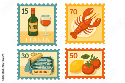 Unique artisan stamps featuring Italian food and drink items like wine, lobster, sardines, and tomatoes