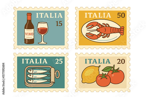 Collection of colorful Italian stamps featuring local wine, seafood, and fresh produce from the Mediterranean region