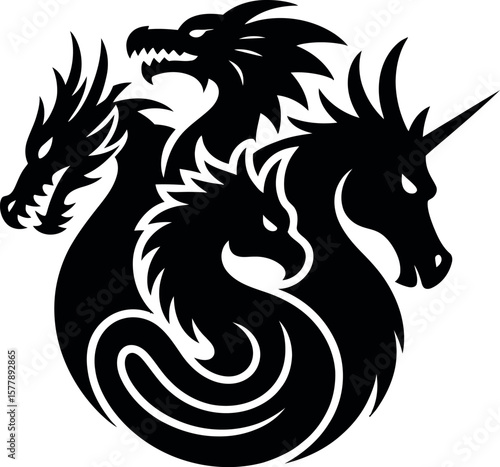 Four Headed Dragon Hydra Unicorn Silhouette Illustration in Black and White Fantasy Creature Emblem Mythical Beast Symbol Tattoo Design Vector Graphic