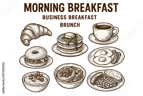 Morning breakfast with assorted dishes ideal for business meetings or brunch gatherings in a casual dining setting