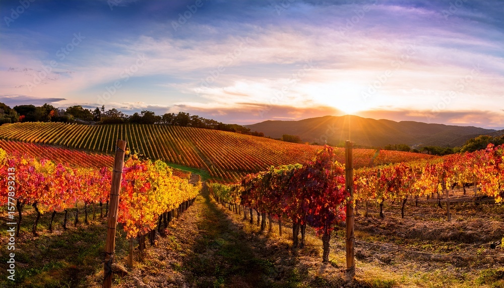 Fototapeta premium vibrant vineyard landscape at sunset with colorful grapevines in autumn