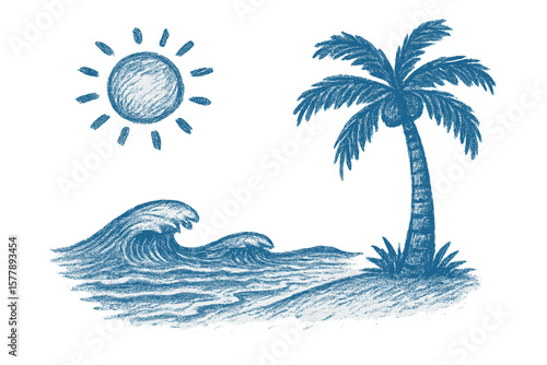 Tropical beach scenery with waves, sun, and palm tree captured in vibrant blue tones by the ocean shore