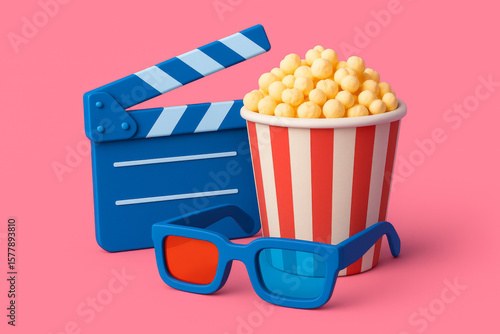 3D Blue Clapperboard with Popcorn Bucket and Glasses – Cinema Elements on Pink Background