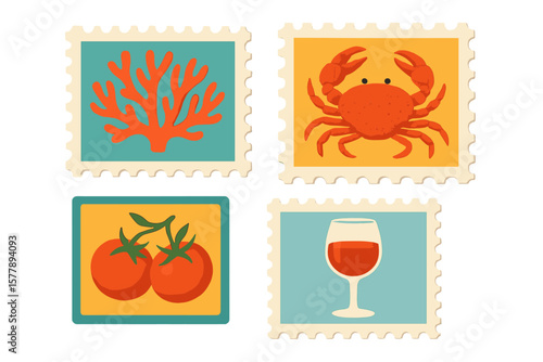 Colorful stamps featuring marine life, vegetables, and beverages create a vibrant collection for enthusiasts and collectors