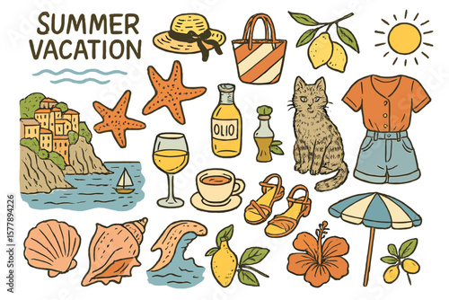 Colorful summer vacation illustrations featuring beach elements and leisure activities in a coastal setting