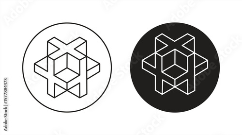 3D linear cross or plus sign icon, isometric cube shape, abstract geometric object. Sacred geometry. Line drawing logo design, clip art, vector illustration.