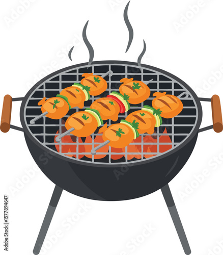 Charcoal barbecue grill with steaming grilled meat skewers outdoor cooking vector illustration 