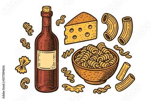 Classic pasta, cheese, and wine arrangement on a white background for a cozy dining experience